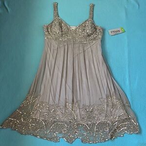 STÉNAY silk babydoll cocktail silver embellished pleated sleeveless NEW size 14